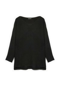 Maglione nero a maniche lunghe in maglia con scollo a V, vestibilità ampia, texture a coste e spacchi laterali sull'orlo per maggiore comfort e stile.