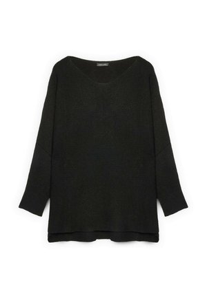 Maglione nero a maniche lunghe in maglia con scollo a V, vestibilità ampia, texture a coste e spacchi laterali sull'orlo per maggiore comfort e stile.