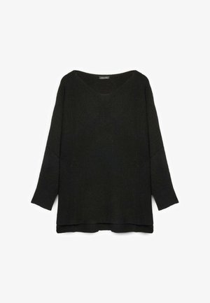 Maglione nero a maniche lunghe in maglia con scollo a V, vestibilità ampia, texture a coste e spacchi laterali sull'orlo per maggiore comfort e stile.