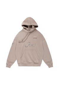 Beżowa bluza z kapturem wykonana z miękkiego materiału. Posiada przednią kieszeń typu kangur, sznurki oraz wyszywane napisy "Athlete 1999" i "Prosto."