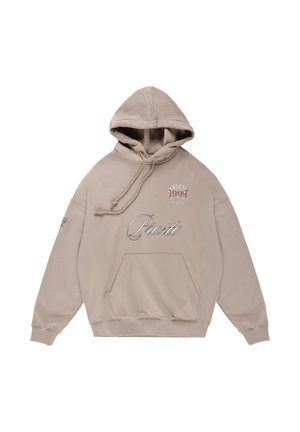 Beżowa bluza z kapturem wykonana z miękkiego materiału. Posiada przednią kieszeń typu kangur, sznurki oraz wyszywane napisy "Athlete 1999" i "Prosto."