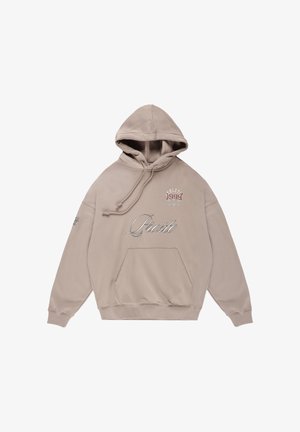 Beżowa bluza z kapturem wykonana z miękkiego materiału. Posiada przednią kieszeń typu kangur, sznurki oraz wyszywane napisy "Athlete 1999" i "Prosto."