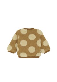 Brauner Fleece-Pullover mit großen cremefarbenen Polka-Dots, Rundhalsausschnitt, langen Ärmeln und gerippten Bündchen und Saum, von hinten gezeigt.