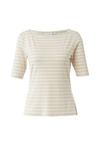 Beżowa koszulka w paski z okrągłym dekoltem i krótkimi rękawami. Wykonana z miękkiej tkaniny o gładkiej fakturze, z naprzemiennymi jasnymi i ciemnymi paskami.