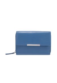 Blue leather wallet with a smooth texture, rectangular shape, and a silver horizontal accent. Features a zip closure and wrist strap.