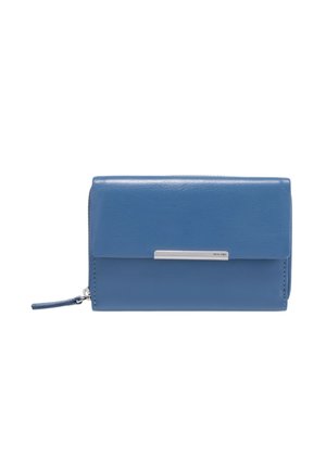 Blue leather wallet with a smooth texture, rectangular shape, and a silver horizontal accent. Features a zip closure and wrist strap.