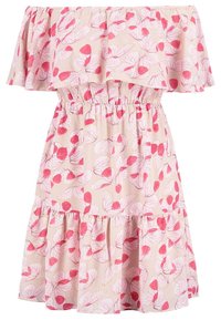 Vestido off-the-shoulder de tela beige claro con patrones de hojas rojas y rosas, con cinturilla elástica y dobladillo de volantes en capas.