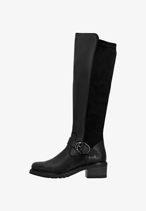 Botas negras hasta la rodilla con una mezcla de cuero liso y gamuza. Presentan un acento de hebilla, tacón grueso y panel lateral texturizado.