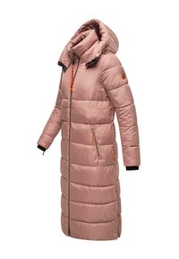 Long, padded coat in blush pink with a high collar and adjustable hood. Features orange zipper accents and side zip pockets. Smooth texture.