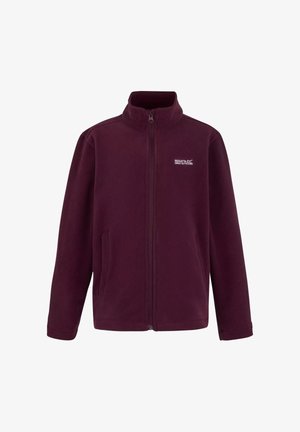 Chaqueta polar de cremallera completa de color púrpura oscuro con cuello alto, dos bolsillos delanteros y logo "Regatta Great Outdoors" en el pecho.