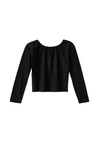 Zwarte lange mouwen top met een ronde halslijn, met ribbelstructuur en een cropped fit. Geen zichtbare versieringen of patronen.