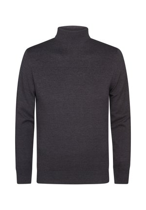 Pulover cu guler înalt de culoare gri închis, realizat dintr-un material moale, având mâneci lungi și un design ajustat, cu accente cu nervuri la guler și la tiv.