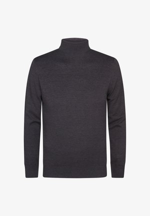 Pulover cu guler înalt de culoare gri închis, realizat dintr-un material moale, având mâneci lungi și un design ajustat, cu accente cu nervuri la guler și la tiv.