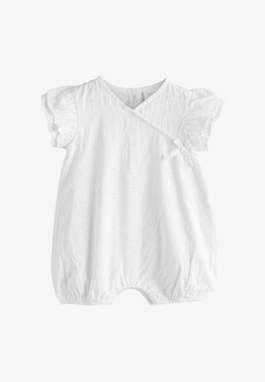 Biely bavlnený overal s previazacím dizajnom, volánikovými rukávmi, kvetinovým vzorom s dierkami, jemnou textúrou a elastickým zakončením na nohaviciach.