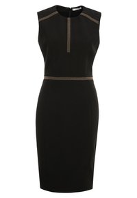 Mustat ilmanhihoiset polvipituiset mekko, jossa on kultaiset niittikoristeet hartioilla, etuosassa ja vyötäröllä, sekä tiukka siluetti.