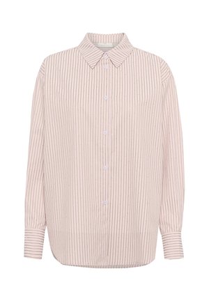 Chemise boutonée rose clair avec des rayures verticales fines et de petites accents métalliques. Elle possède un col classique et des manches longues avec des poignets.