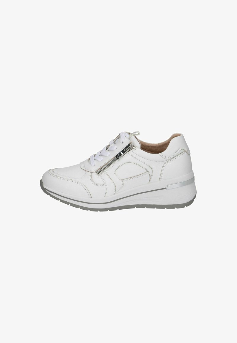 White athletic shoe with a textured leather upper, gray rubber outsole, lace-up front, and side zipper detail. Features light stitching accents.