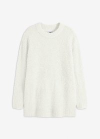 Maglione lavorato a maglia di un colore chiaro e morbido, con maniche lunghe, scollatura rotonda e fessure laterali, caratterizzato da una superficie testurizzata e una vestibilità comoda.