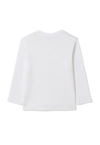 Weißes Langarmshirt mit rundem Ausschnitt und glattem, elastischem Stoff. Keine sichtbaren Logos oder Muster auf der Rückseite.