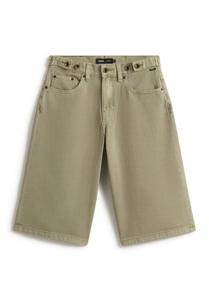 Khakin väriset, polven alle ulottuvat Vans-shortsit, joissa on vyötärölenkit, edessä nappi- ja vetoketjukiinnitys sekä viiden taskun muotoilu, valkoisella taustalla.