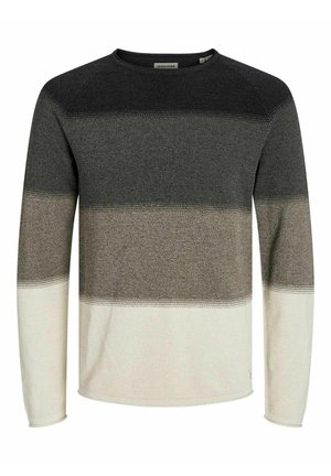 Pull en tricot à manches longues rayé de gris foncé, vert olive et crème ; encolure arrondie ; texture douce avec un léger stretch.