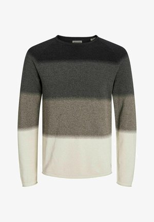 Sweter z długim rękawem, pleciony w paski w ciemnoszarym, oliwkowym zielonym i kremowym kolorze; okrągły dekolt; miękka tekstura z lekkim rozciągnięciem.