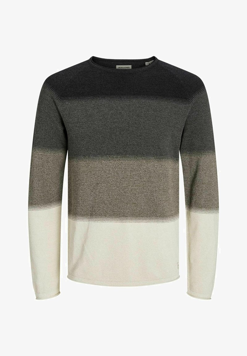 Stickad långärmad tröja i ränder av mörkgrått, olivgrönt och krämfärgat; rundad halsringning; mjukt material med lätt stretch.