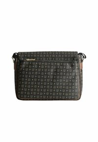 Borsa a tracolla con motivo marrone, realizzata in tessuto resistente, con una tasca anteriore con zip e tracolla regolabile. Forma rettangolare con chiusura a pattina.