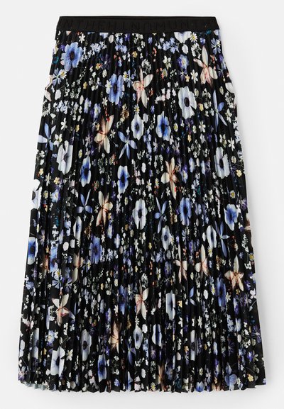 Jupe plissée avec une base noire ornée d'un motif floral dans des nuances de bleu, blanc et rose. Taille élastique avec un détail de logo.