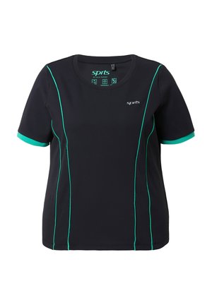Black short-sleeve sports shirt with green piping along seams and green trim on sleeve cuffs, featuring "sprts" logo on chest and inside collar.