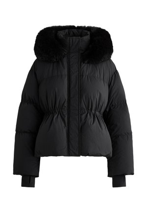 Schwarze, gepolsterte Jacke mit Kunstpelzkragen, elastischem Taillenbund und langen Ärmeln. Der Stoff ist glatt mit einem glänzenden Finish.