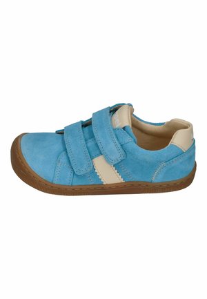 Blue suede sneaker with beige accents, two Velcro straps, and a brown rubber sole, shown in side profile.