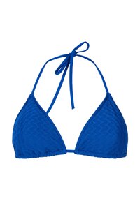 Top bikini triangolare blu in tessuto testurizzato, legato al collo e nella parte posteriore. Presenta sottili spalline e bordi arricciati per una vestibilità aderente.