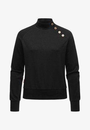 Pull-over noir à manches longues avec un col montant et quatre boutons décoratifs en bois le long de la couture de l'épaule gauche.