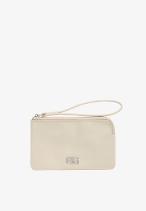 Béžové kožené náramkové púzdro so zipsovým zatváraním a strieborným logom „Bimba y Lola“ na prednej strane.