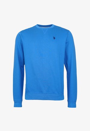 Niebieska długorękawowa bluza z okrągłym dekoltem, z ribbowymi mankietami i dołem, z małym ciemnym haftowanym logo na lewej piersi.