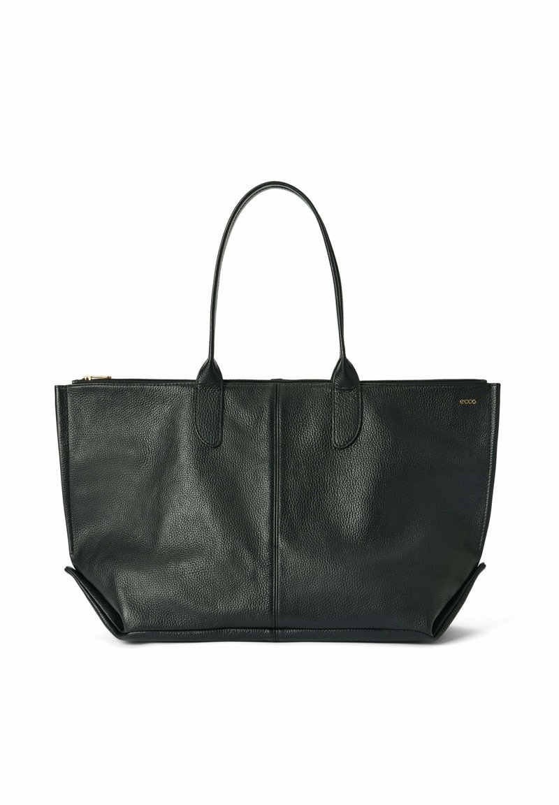Zwarte leren tote bag met een getextureerde afwerking, twee schouderbanden, een ritsluiting en zijaccenten voor extra structuur.