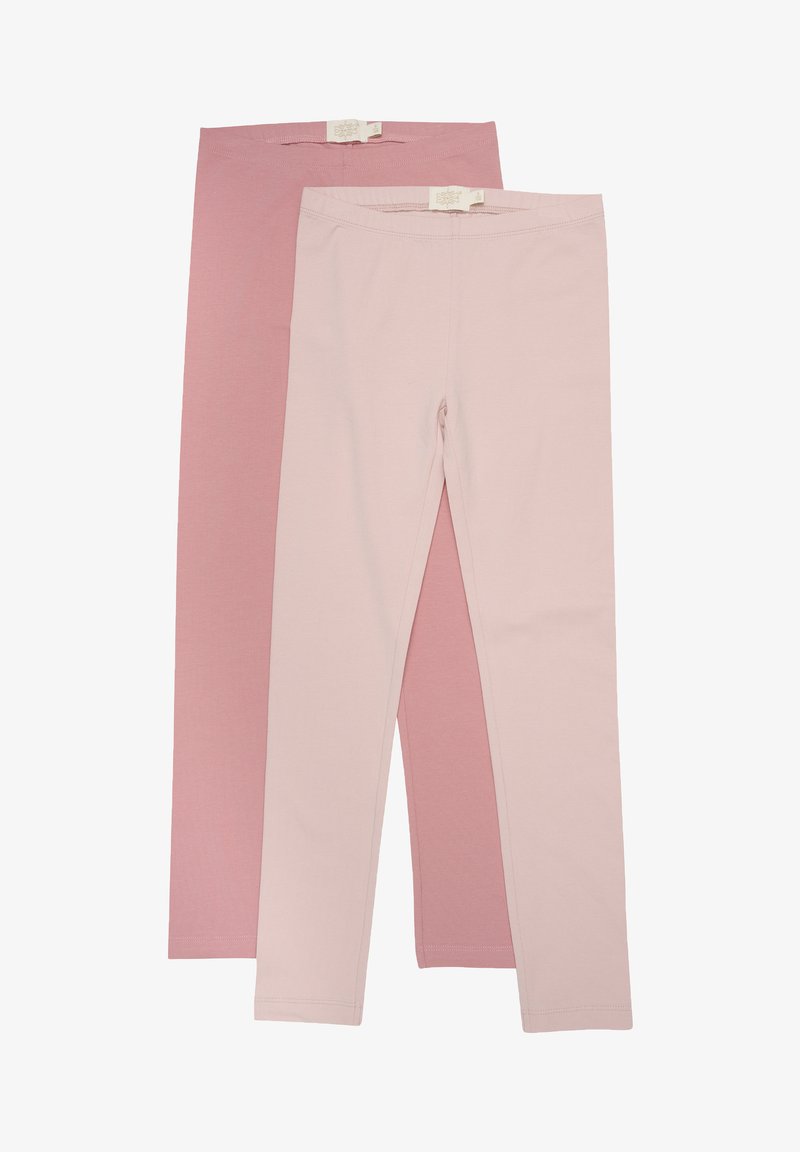 Två par leggings i mjukt, elastiskt tyg. Det ena är ljusrosa, och det andra är en något mörkare rosa. Båda har en elastisk midja.