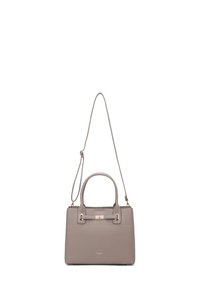 Borsa a mano grigia strutturata realizzata in materiale testurizzato, con doppio manico, tracolla rimovibile e un accento metallico sul davanti.