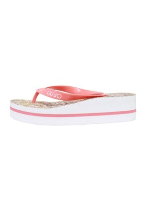 Infradito con zeppa con suola bianca spessa e striscia rosa, cinturino rosa con logo bianco "LIU JO" e soletta con motivo.