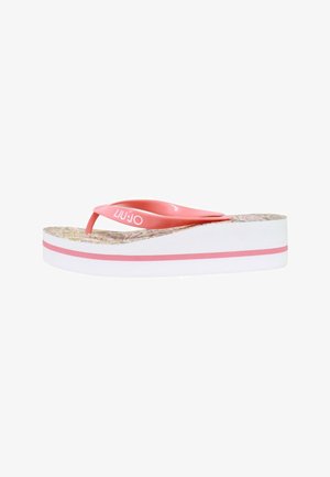 Infradito con zeppa con suola bianca spessa e striscia rosa, cinturino rosa con logo bianco "LIU JO" e soletta con motivo.