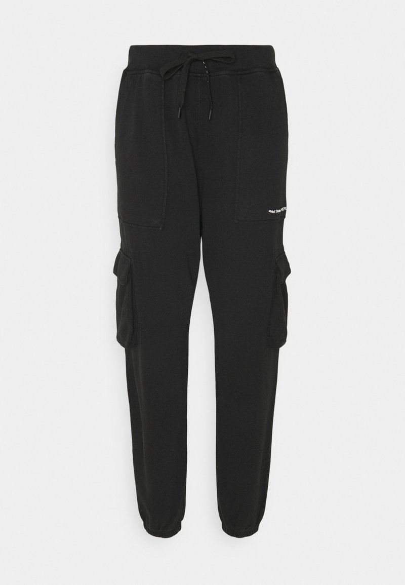 Pantalons de survêtement cargo noirs en tissu doux, dotés de deux poches latérales, d'une taille élastique avec cordon de serrage et de poignets élastiques.