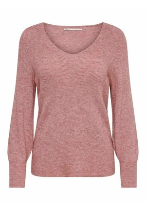 Pull en maille rose poudré à manches longues avec col en V et texture côtelée, doté de poignets ajustés et d'une coupe légèrement ample.