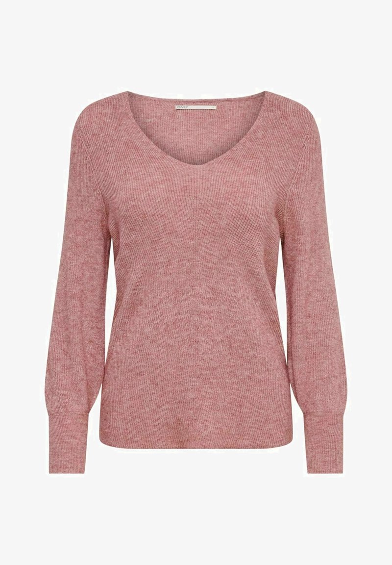Pull en maille rose poudré à manches longues avec col en V et texture côtelée, doté de poignets ajustés et d'une coupe légèrement ample.