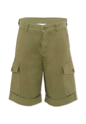 Oliwkowo-zielone szorty cargo z zapinanymi na guziki kieszeniami bocznymi, szlufkami na pasek, zapinaniem na guziki z przodu i podwiniętymi nogawkami.