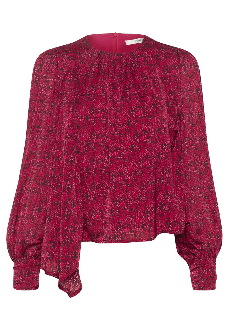 Rode bloemenblouse met lange, opgeblazen mouwen en een ronde halslijn. Lichtgewicht stof met geplooide details en een ritssluiting aan de achterkant.