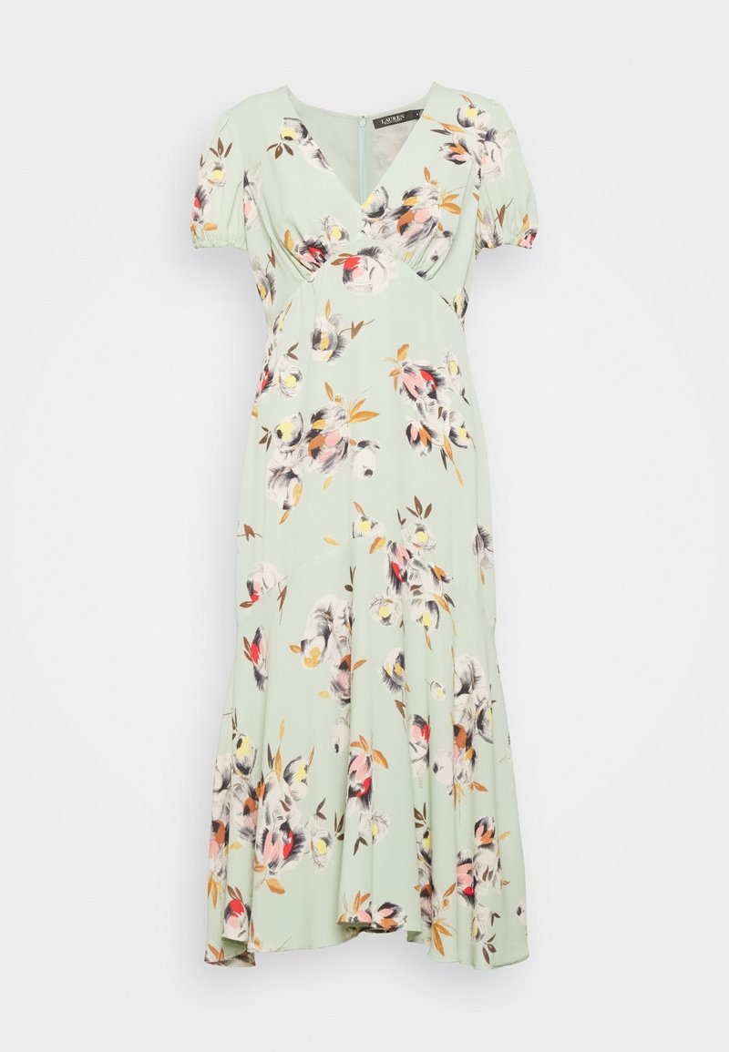 Blommig midiklänning i mintgrön, med korta puffärmar, V-hals och färgglada blommönster i rosa, gult och svart.