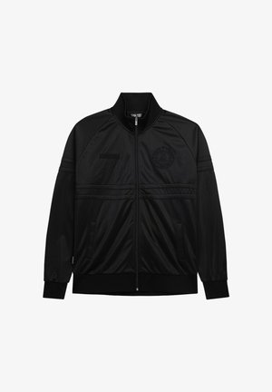 Black athletic jacket made of smooth fabric, featuring a stand-up collar, zip front, diagonal stripes, and a logo on the chest.