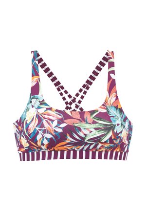 Športni modrček z vijoličasto podlago, večbarvnim tropskim listnim vzorcem ter križno prepletenimi vijolično-belimi črtastimi naramnicami in pasom.