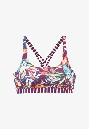 Spordirinnahoidja lilla põhjaga, mitmevärvilise troopilise lehe trükiga ning risti risti lilla-valgete triibuliste rihmade ja ribaga.